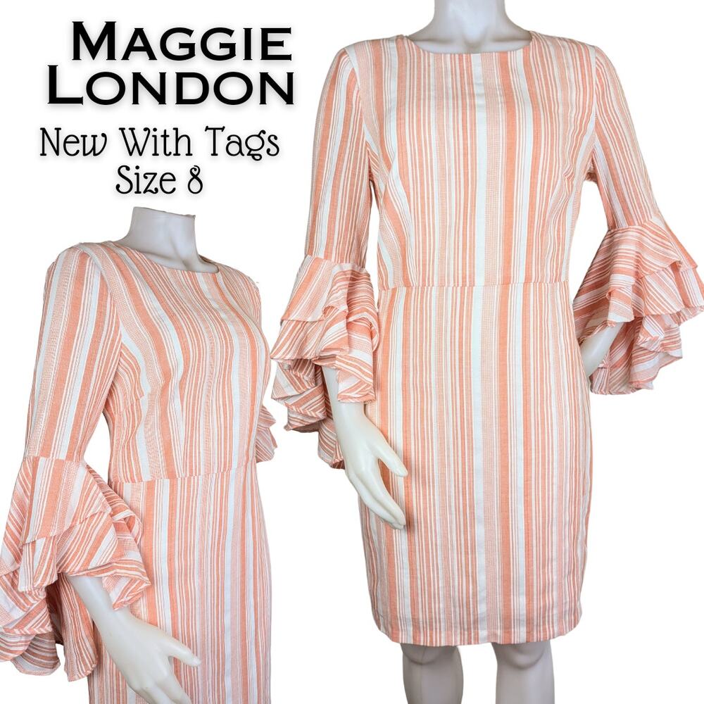 Maggie London Sheath Dress 8 Orange White Stripe Ruffled Sleeve Wedding Boho NEW